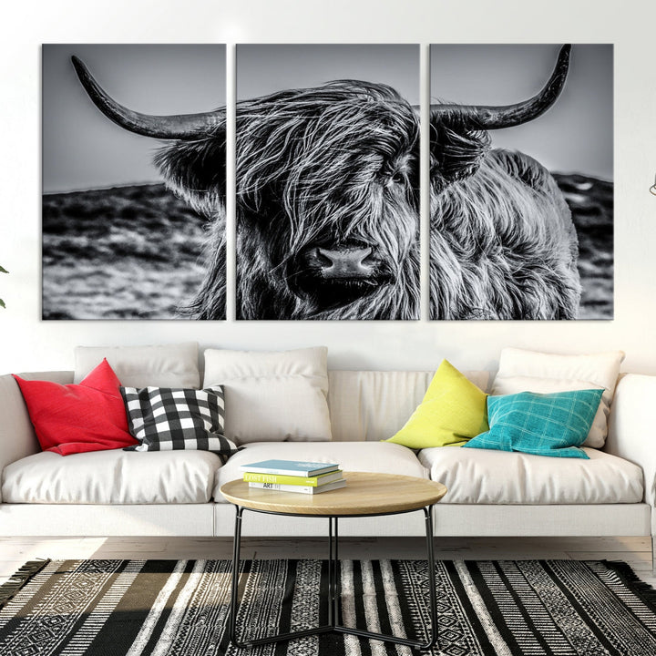 Black and White Extra Large Cow Wall Art Canvas Print Highland Cattle Canvas Art