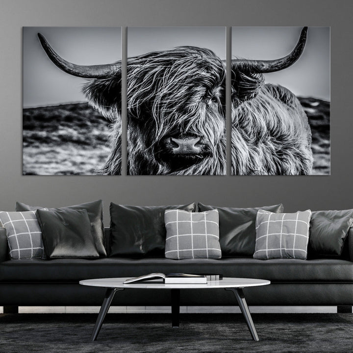 Black and White Extra Large Cow Wall Art Canvas Print Highland Cattle Canvas Art