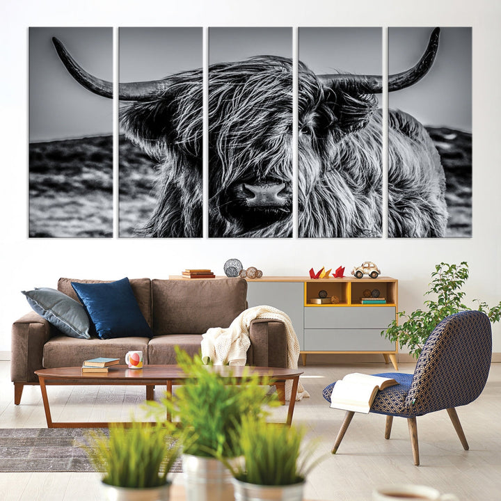 Black and White Extra Large Cow Wall Art Canvas Print Highland Cattle Canvas Art