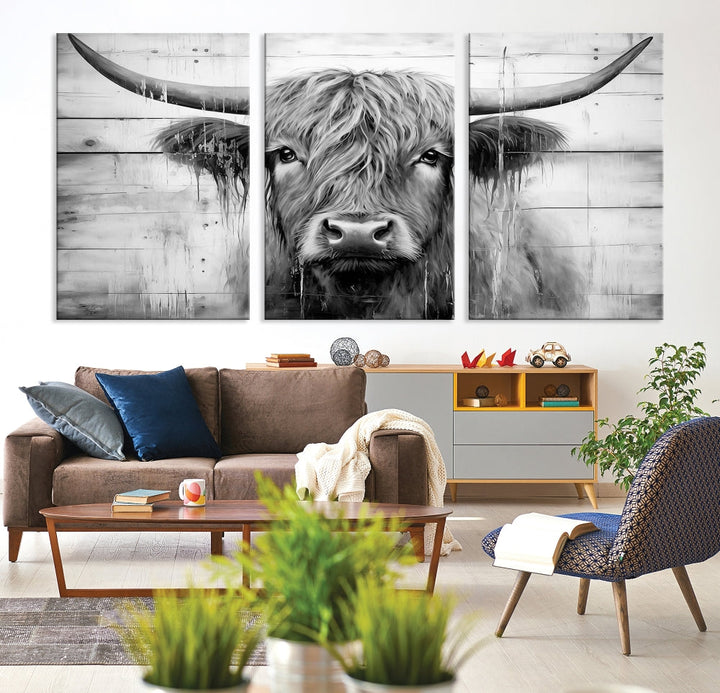 Black and White Highland Cow Canvas Print Framed Extra Large Farmhouse Wall Art