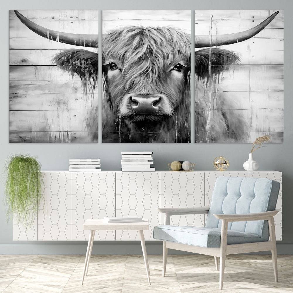 Black and White Highland Cow Canvas Print Framed Extra Large Farmhouse Wall Art