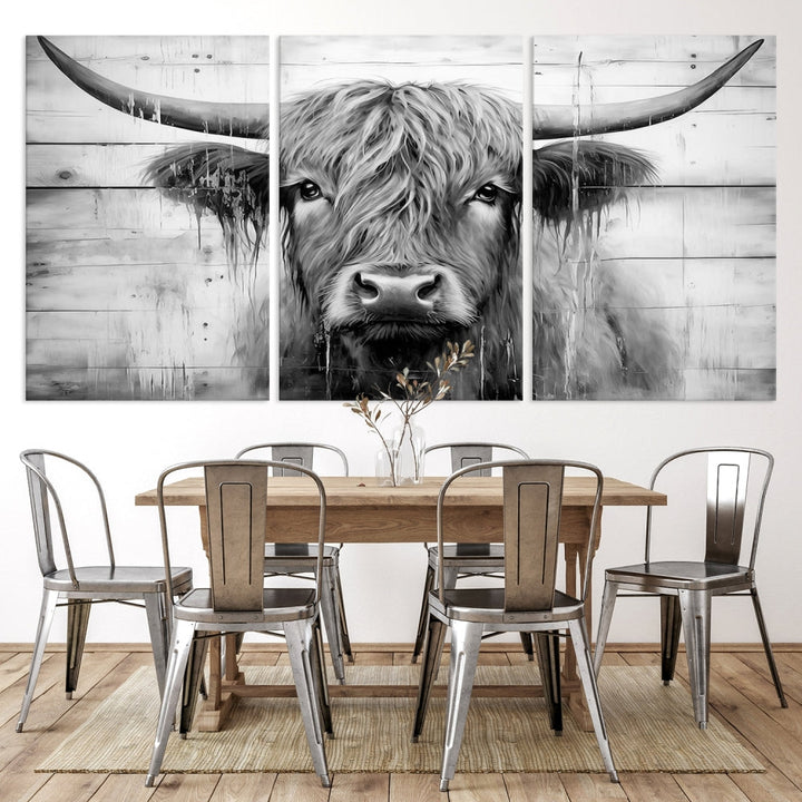 Black and White Highland Cow Canvas Print Framed Extra Large Farmhouse Wall Art