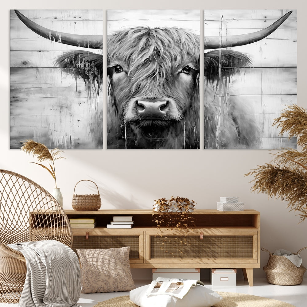 Black and White Highland Cow Canvas Print Framed Extra Large Farmhouse Wall Art