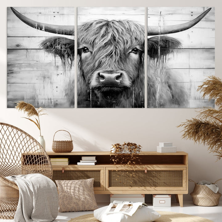 Black and White Highland Cow Canvas Print Framed Extra Large Farmhouse Wall Art