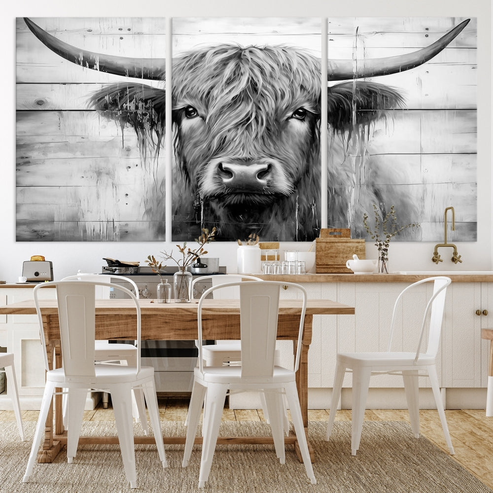 Black and White Highland Cow Canvas Print Framed Extra Large Farmhouse Wall Art