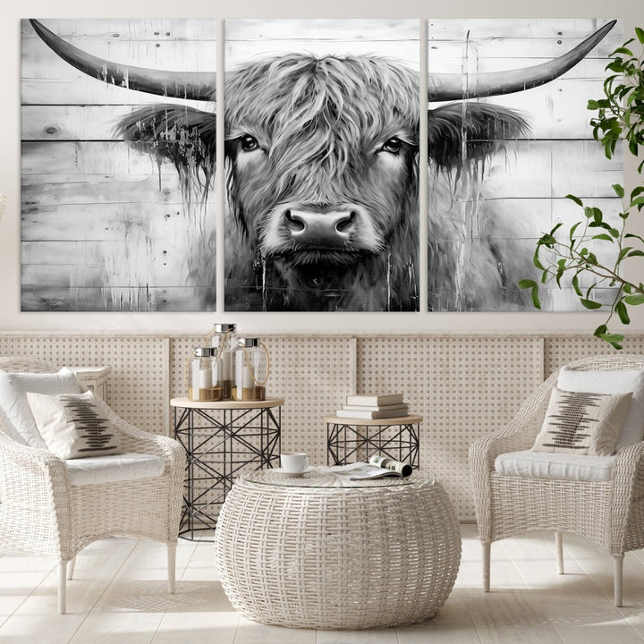 Black and White Highland Cow Canvas Print Framed Extra Large Farmhouse Wall Art