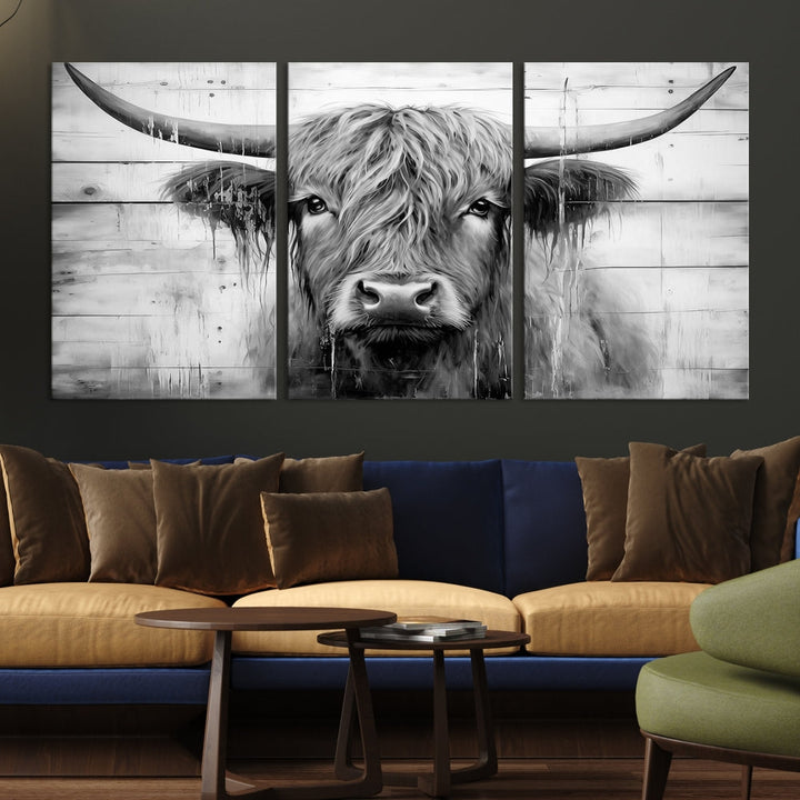 Black and White Highland Cow Canvas Print Framed Extra Large Farmhouse Wall Art