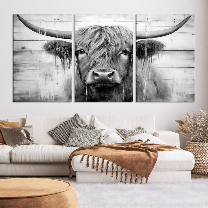 Black and White Highland Cow Canvas Print Framed Extra Large Farmhouse Wall Art