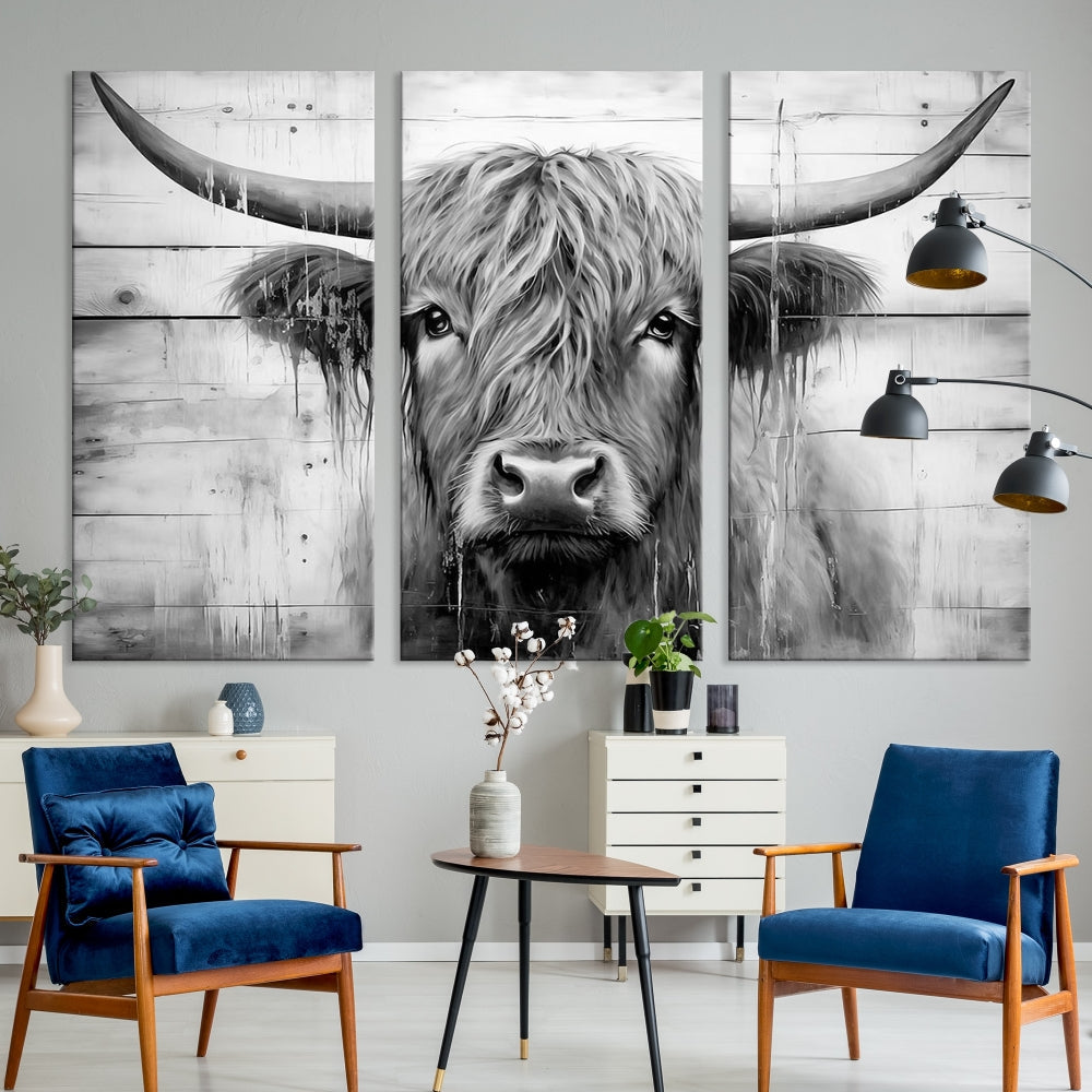 Black and White Highland Cow Canvas Print Framed Extra Large Farmhouse Wall Art