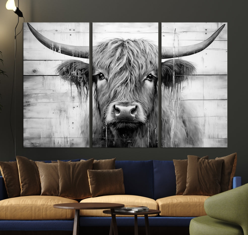 Black and White Highland Cow Canvas Print Framed Extra Large Farmhouse Wall Art