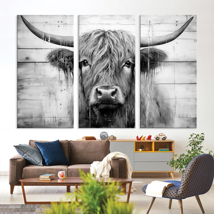 Black and White Highland Cow Canvas Print Framed Extra Large Farmhouse Wall Art