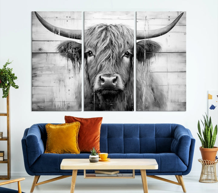 Black and White Highland Cow Canvas Print Framed Extra Large Farmhouse Wall Art