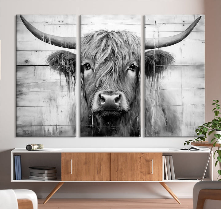 Black and White Highland Cow Canvas Print Framed Extra Large Farmhouse Wall Art