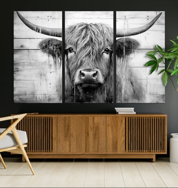 Black and White Highland Cow Canvas Print Framed Extra Large Farmhouse Wall Art