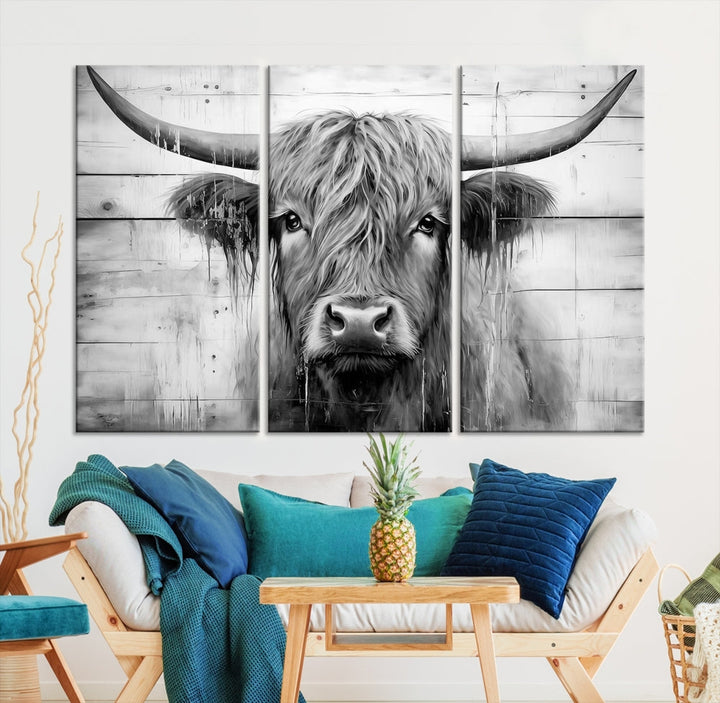 Black and White Highland Cow Canvas Print Framed Extra Large Farmhouse Wall Art