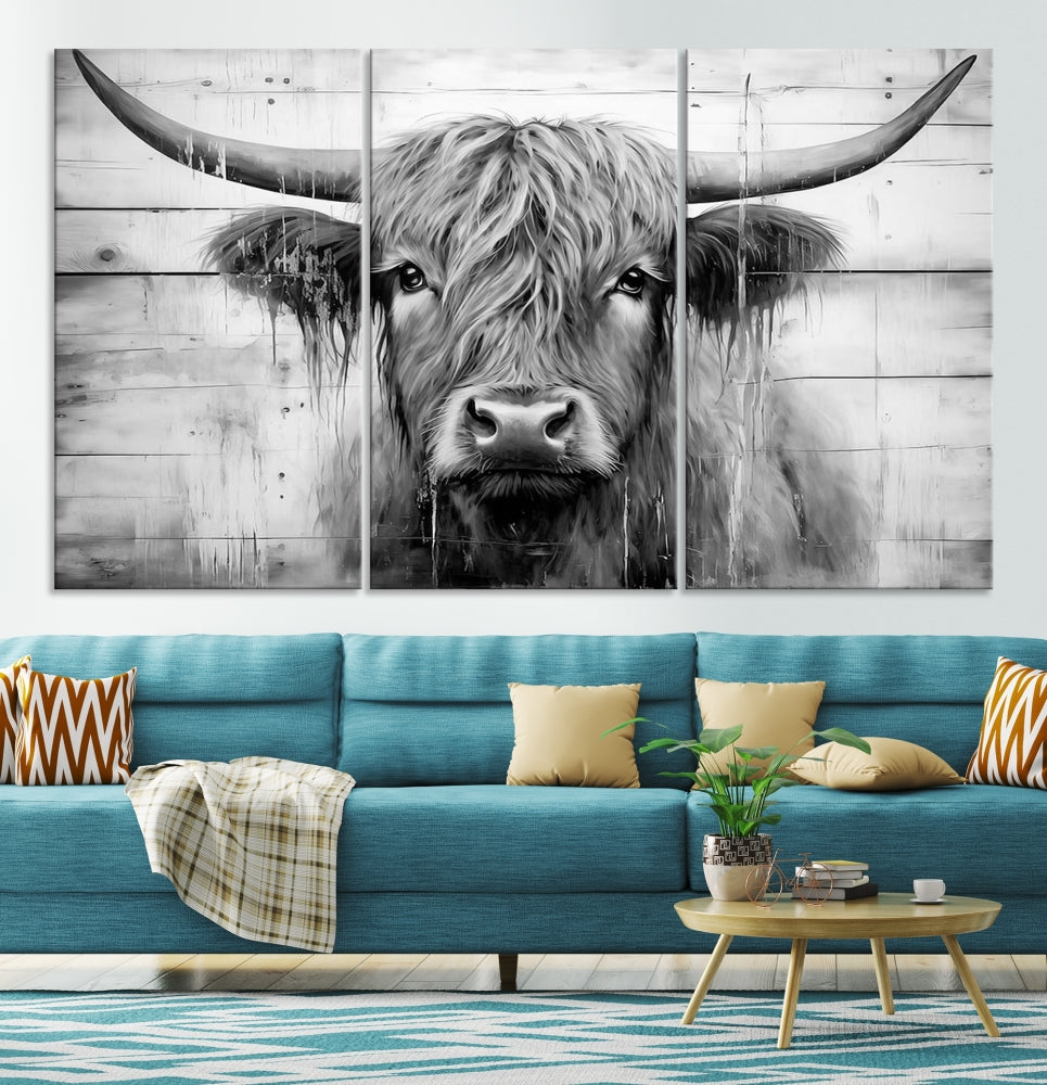 Black and White Highland Cow Canvas Print Framed Extra Large Farmhouse Wall Art