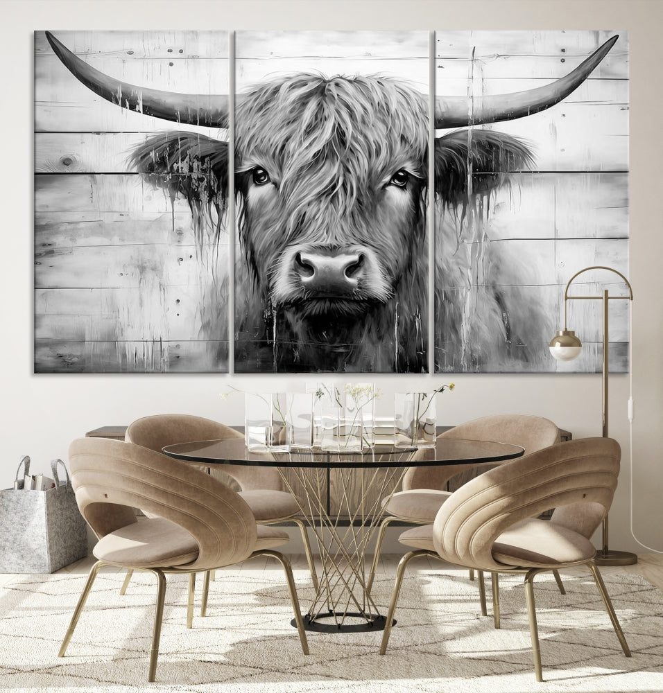 Black and White Highland Cow Canvas Print Framed Extra Large Farmhouse Wall Art