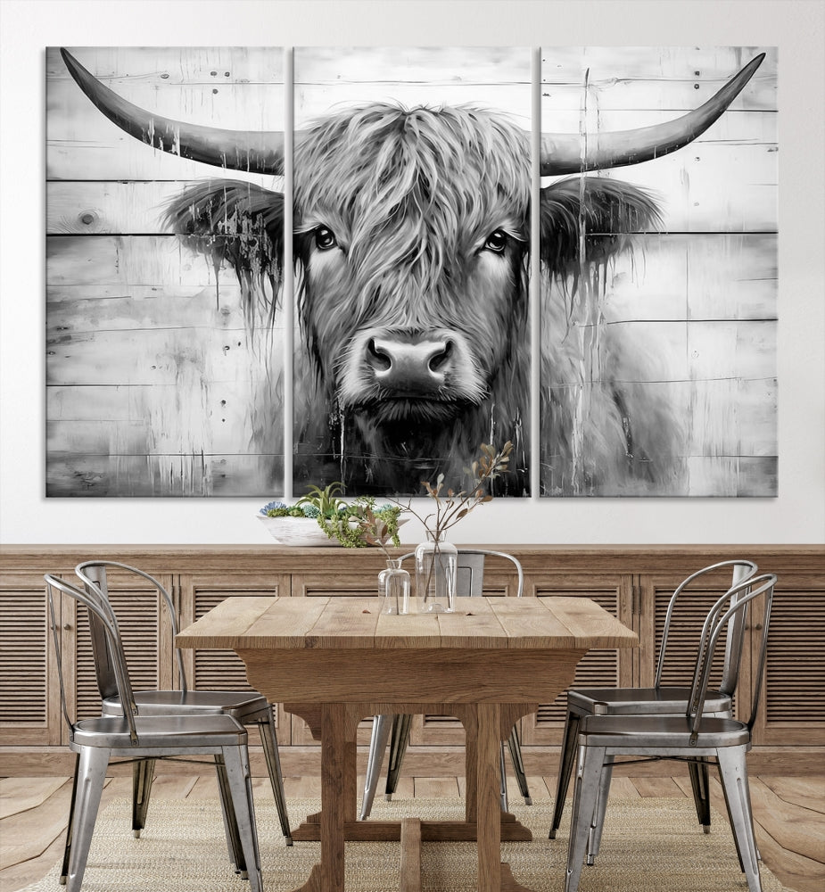 Black and White Highland Cow Canvas Print Framed Extra Large Farmhouse Wall Art