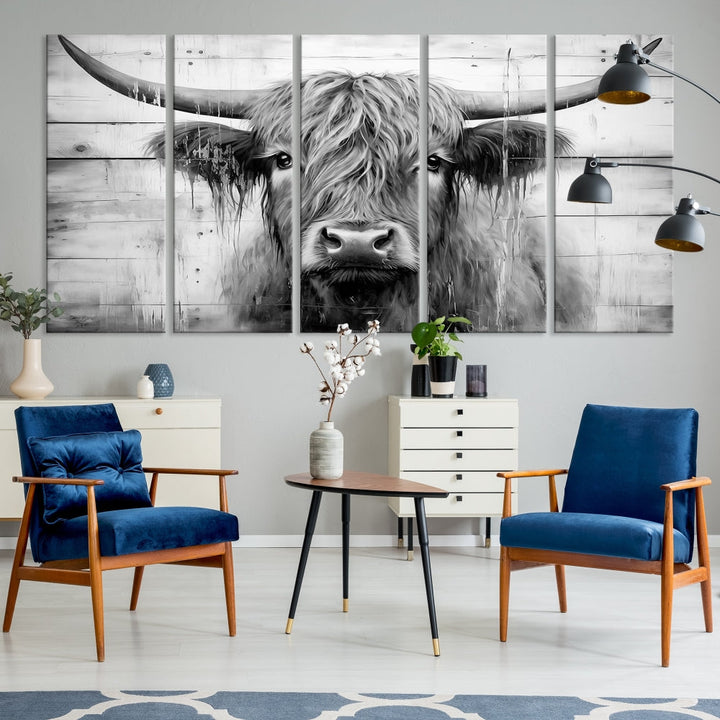 Black and White Highland Cow Canvas Print Framed Extra Large Farmhouse Wall Art