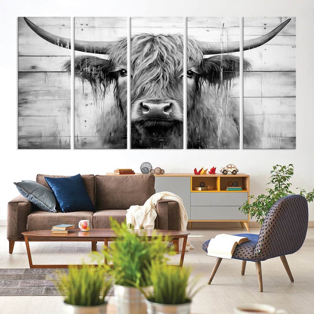 Black and White Highland Cow Canvas Print Framed Extra Large Farmhouse Wall Art