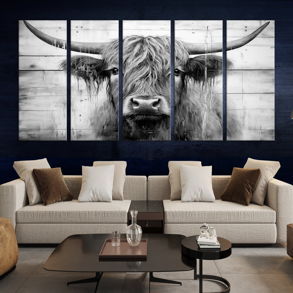 Black and White Highland Cow Canvas Print Framed Extra Large Farmhouse Wall Art