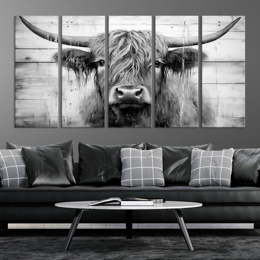 Black and White Highland Cow Canvas Print Framed Extra Large Farmhouse Wall Art