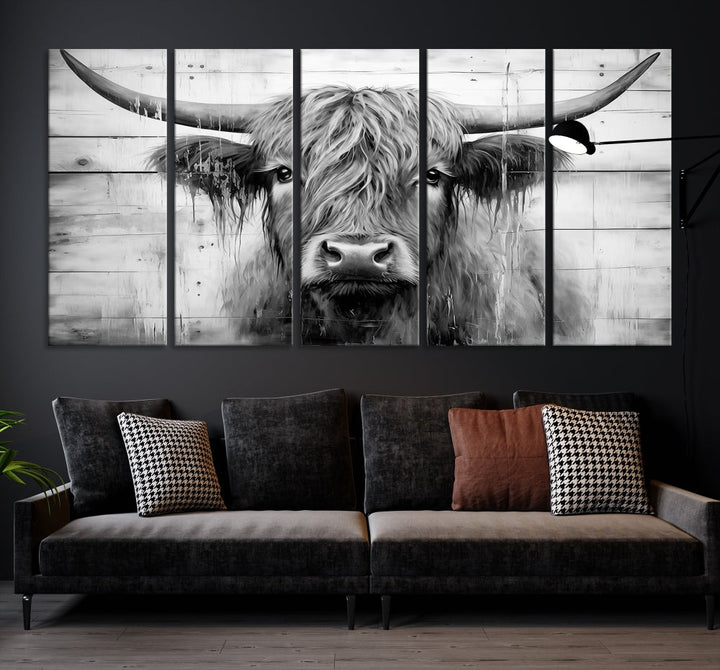 Black and White Highland Cow Canvas Print Framed Extra Large Farmhouse Wall Art