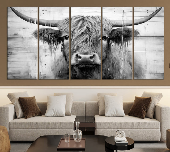 Black and White Highland Cow Canvas Print Framed Extra Large Farmhouse Wall Art