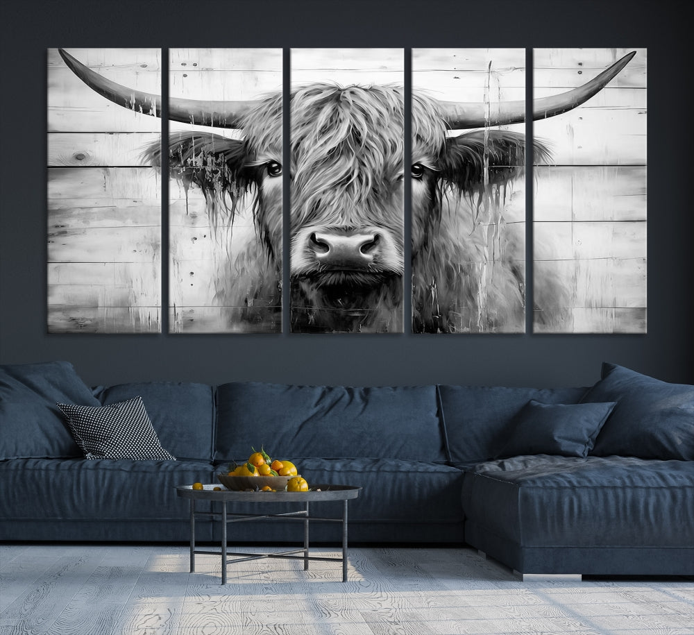 Black and White Highland Cow Canvas Print Framed Extra Large Farmhouse Wall Art