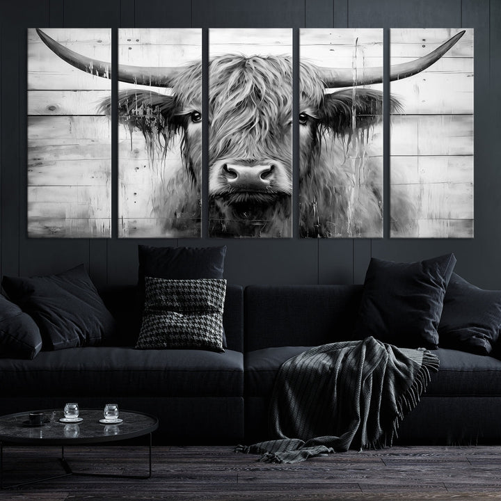 Black and White Highland Cow Canvas Print Framed Extra Large Farmhouse Wall Art