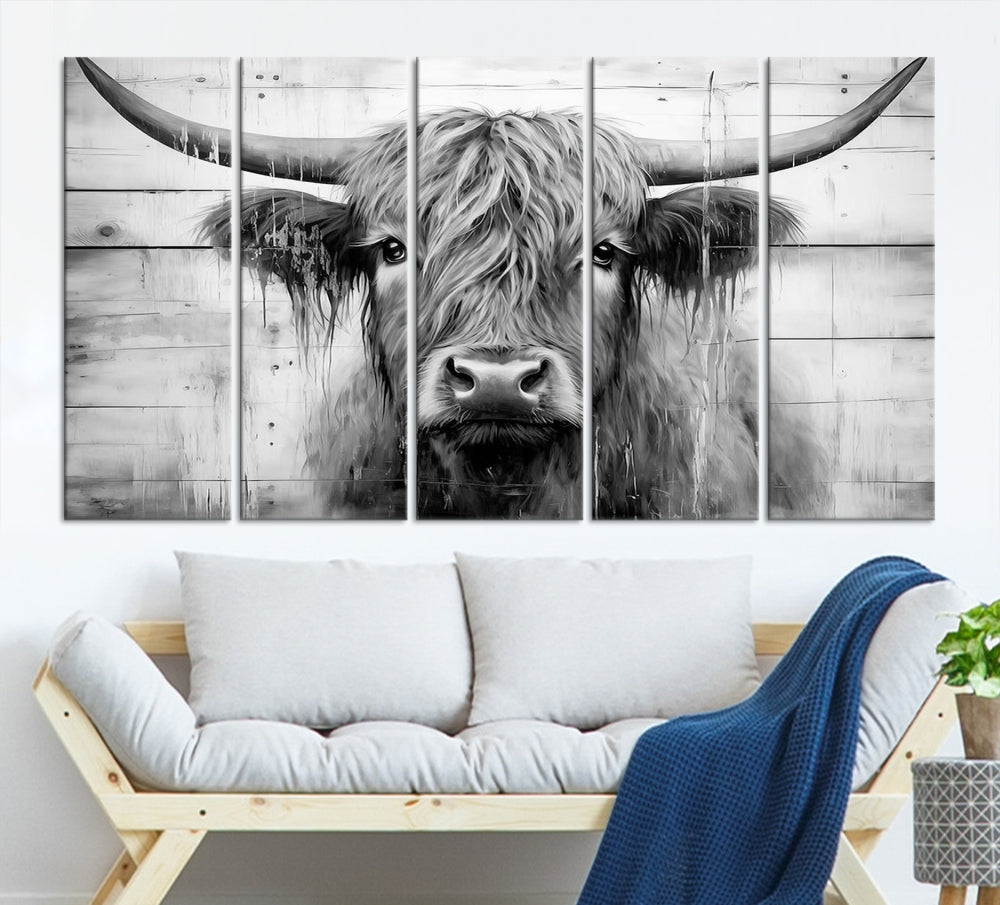 Black and White Highland Cow Canvas Print Framed Extra Large Farmhouse Wall Art