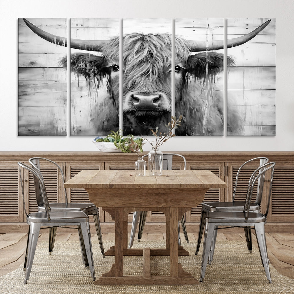 Black and White Highland Cow Canvas Print Framed Extra Large Farmhouse Wall Art