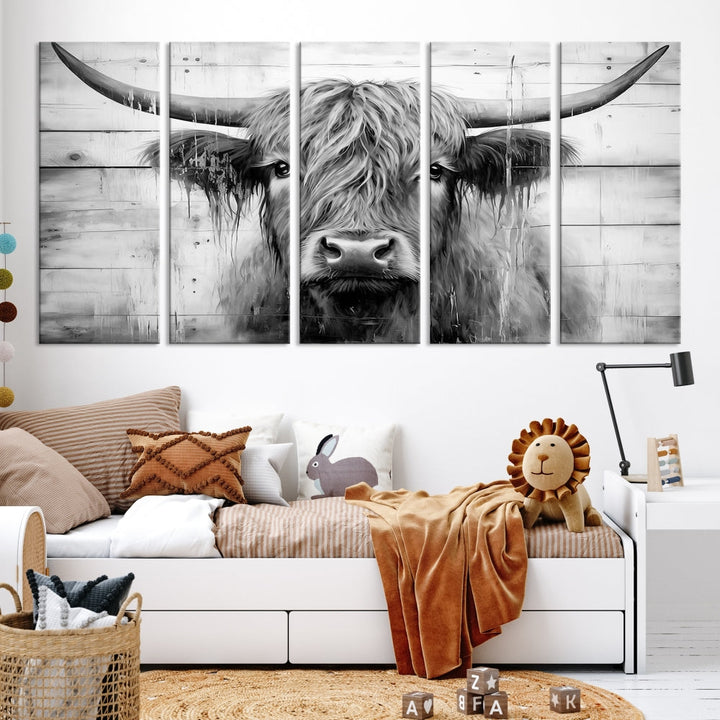 Black and White Highland Cow Canvas Print Framed Extra Large Farmhouse Wall Art