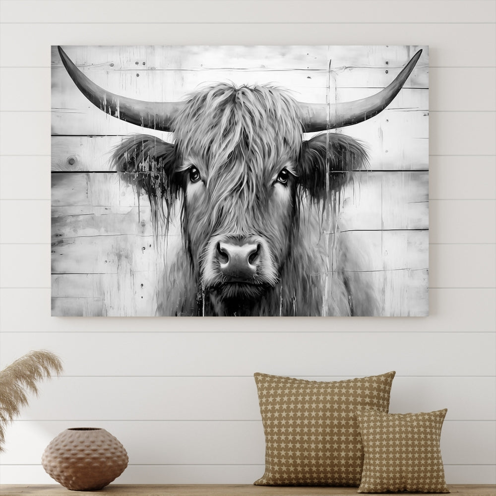 Black and White Highland Cow Canvas Print Framed Extra Large Farmhouse Wall Art