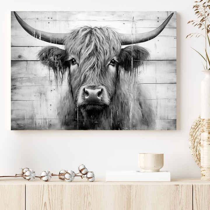 Black and White Highland Cow Canvas Print Framed Extra Large Farmhouse Wall Art