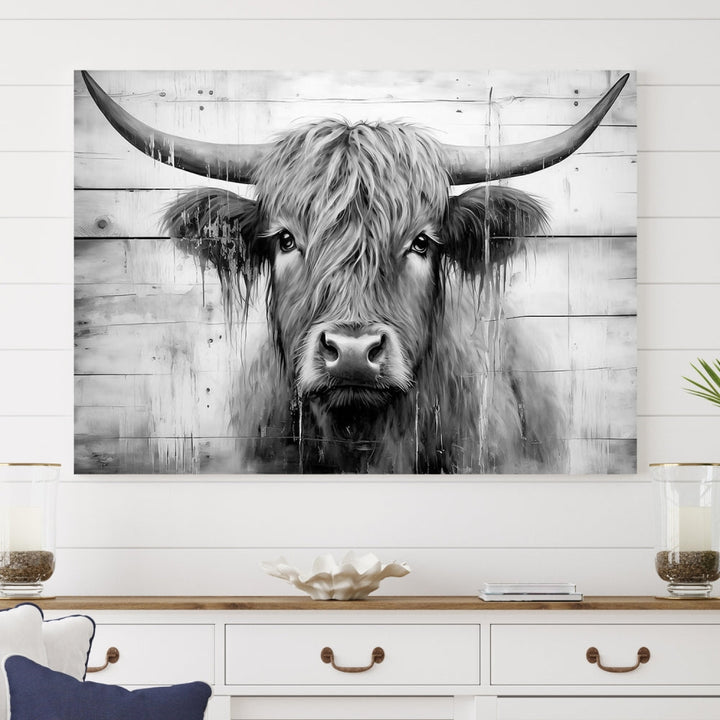 Black and White Highland Cow Canvas Print Framed Extra Large Farmhouse Wall Art