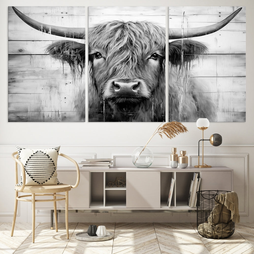 Black and White Highland Cow Canvas Print Framed Extra Large Farmhouse Wall Art