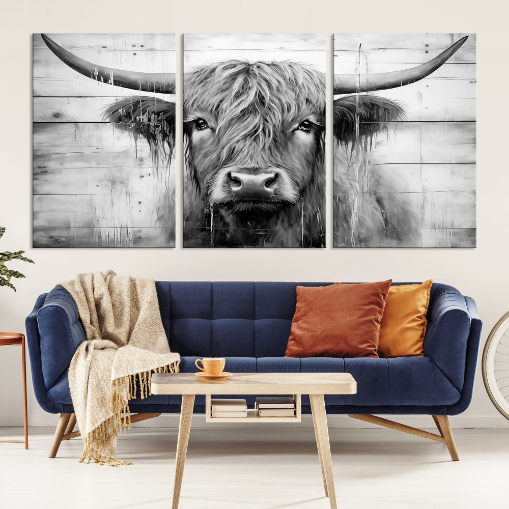 Black and White Highland Cow Canvas Print Framed Extra Large Farmhouse Wall Art