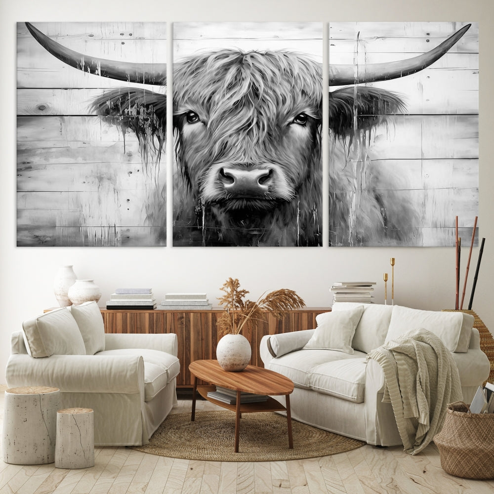 Black and White Highland Cow Canvas Print Framed Extra Large Farmhouse Wall Art