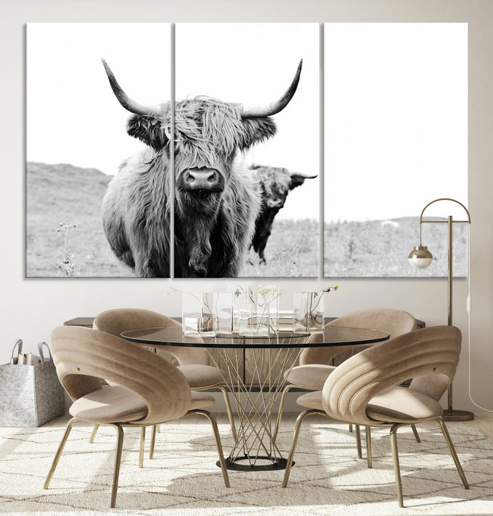 Black and White Highland Cow Canvas Wall Art Print Farmhouse Animal Decor