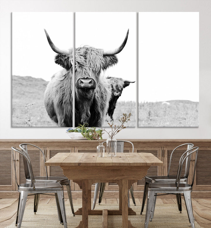 Black and White Highland Cow Canvas Wall Art Print Farmhouse Animal Decor