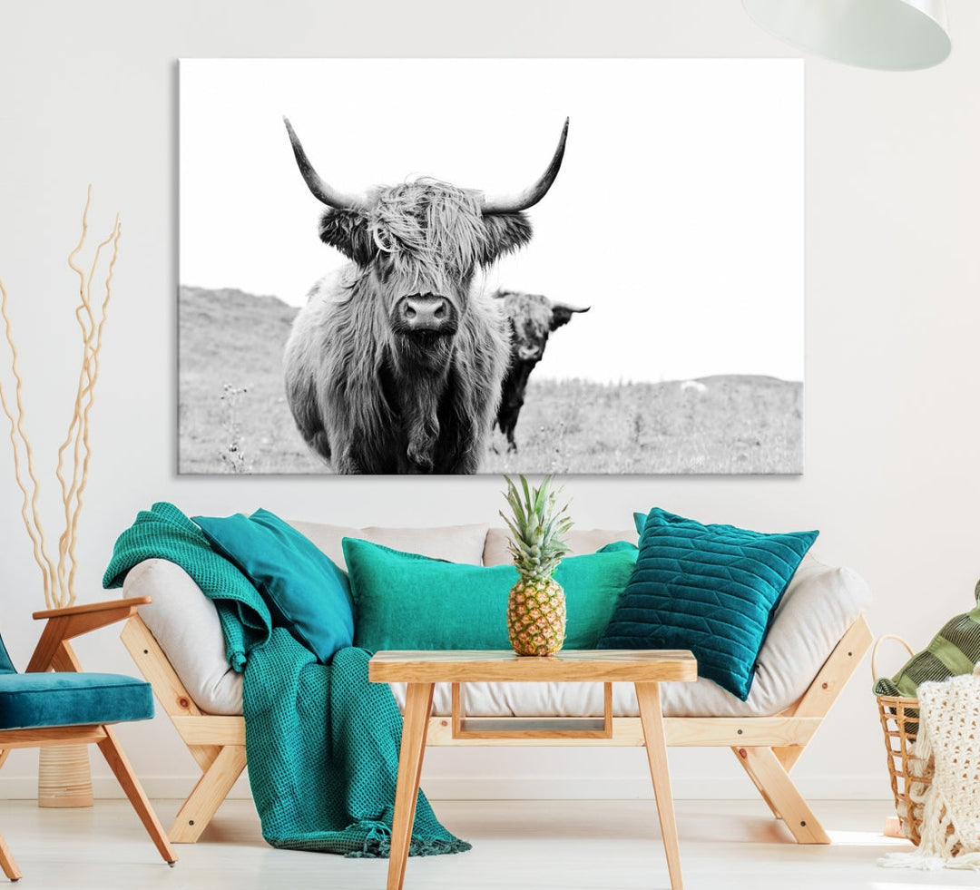 Black and White Highland Cow Canvas Wall Art Print Farmhouse Animal Decor