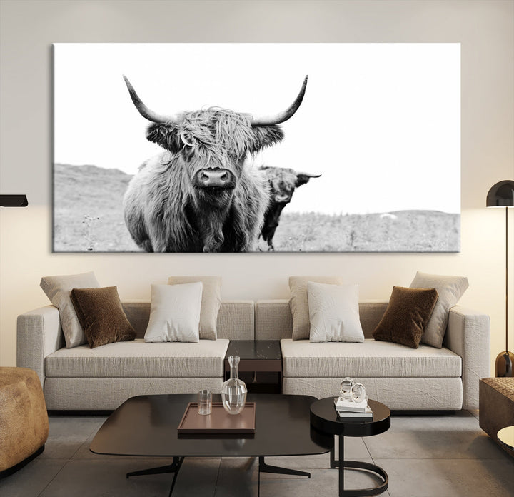 Black and White Highland Cow Canvas Wall Art Print Farmhouse Animal Decor