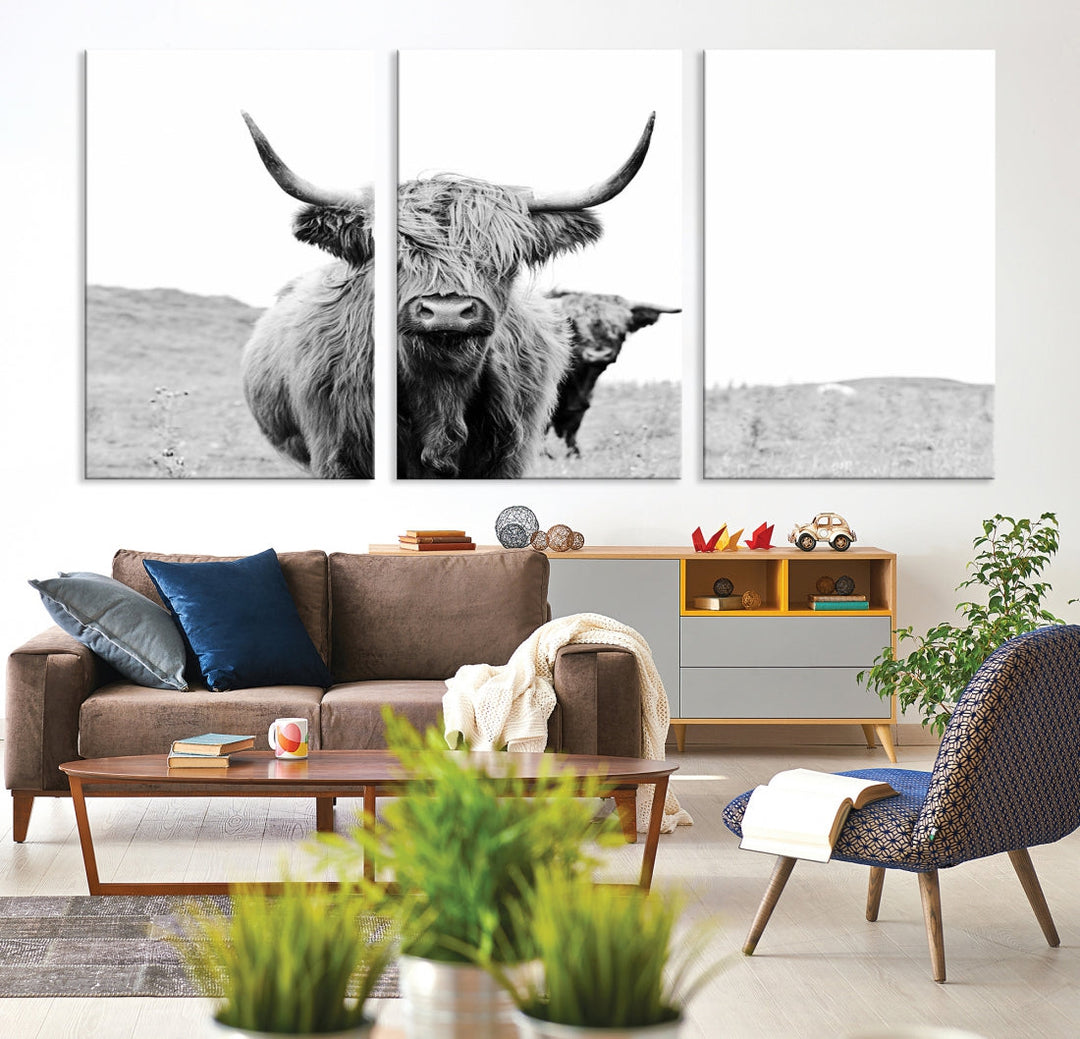 Black and White Highland Cow Canvas Wall Art Print Farmhouse Animal Decor