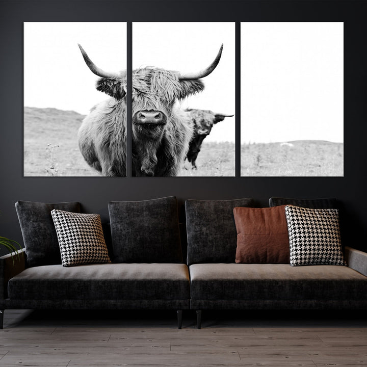 Black and White Highland Cow Canvas Wall Art Print Farmhouse Animal Decor