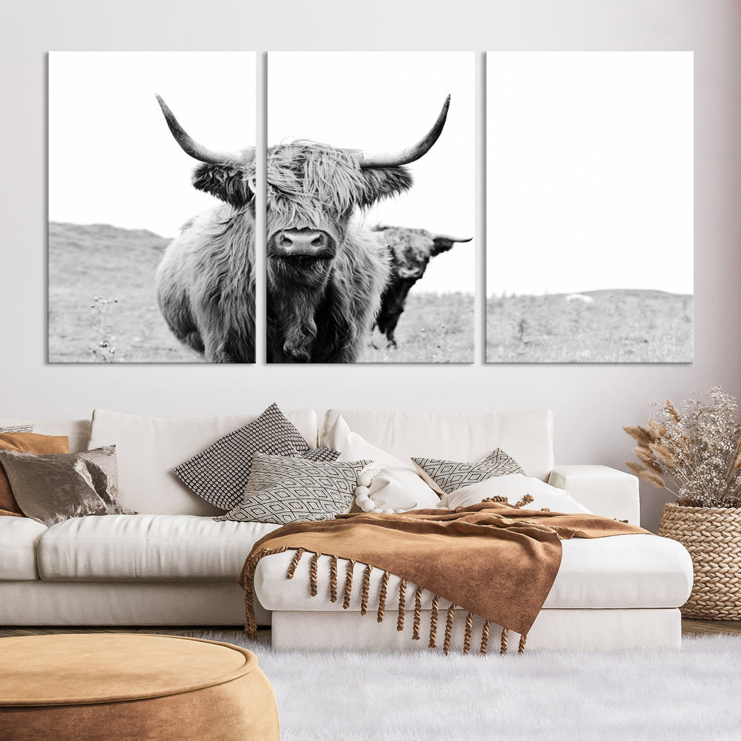 Black and White Highland Cow Canvas Wall Art Print Farmhouse Animal Decor