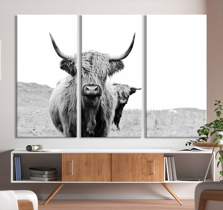 Black and White Highland Cow Canvas Wall Art Print Farmhouse Animal Decor