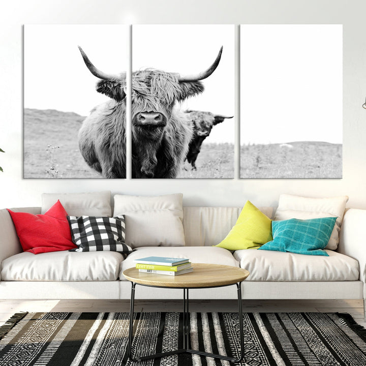 Black and White Highland Cow Canvas Wall Art Print Farmhouse Animal Decor