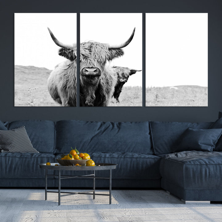 Black and White Highland Cow Canvas Wall Art Print Farmhouse Animal Decor