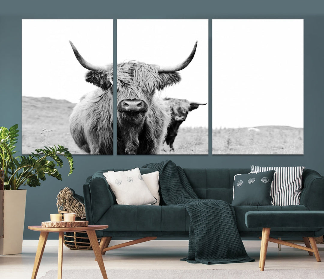 Black and White Highland Cow Canvas Wall Art Print Farmhouse Animal Decor